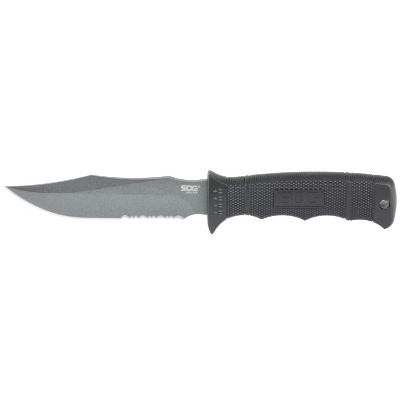 SOG Seal Pup fixed blade knife with a 4.75-inch black partially serrated clip point blade, black glass-reinforced nylon handle, and a black nylon sheath, displayed on a rugged outdoor surface.