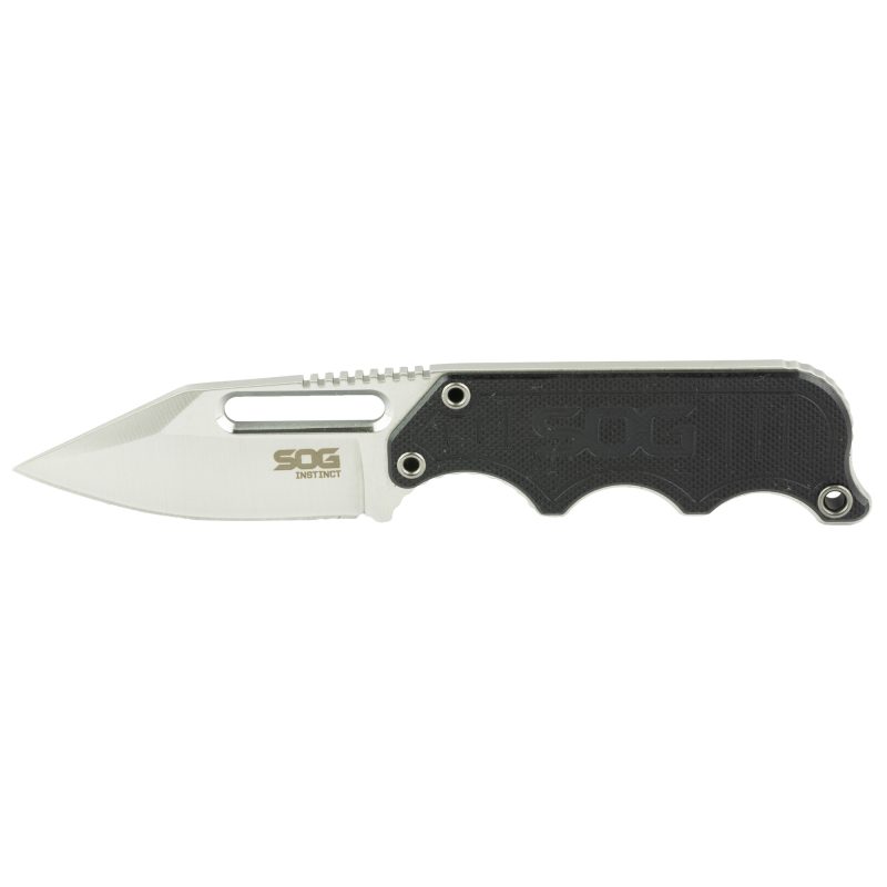 SOG Knives & Tools Instinct Black 2.3 inch fixed blade knife with a black G10 handle and a hard molded nylon sheath, shown on a rustic background, ready for ranch work.