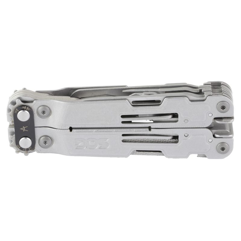 SOG Knives & Tools PowerAccess Deluxe multi-tool with stone wash finish, open to show pliers, with a nylon sheath and hex bit kit beside it on a rugged surface.