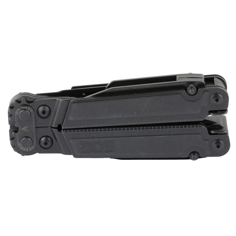 SOG PowerAccess Assist MT multi-tool in black oxide finish, partially open, showing various tools, with a nylon sheath and hex bit kit.