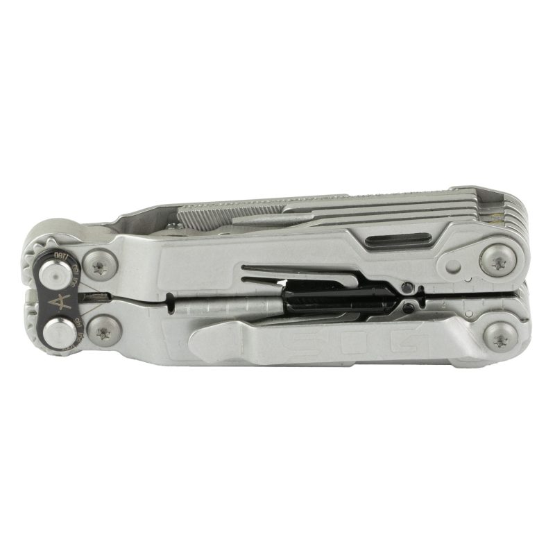 SOG PowerPint multi-tool with bead blast finish, open to show various tools, with a black nylon sheath beside it on a rugged surface.