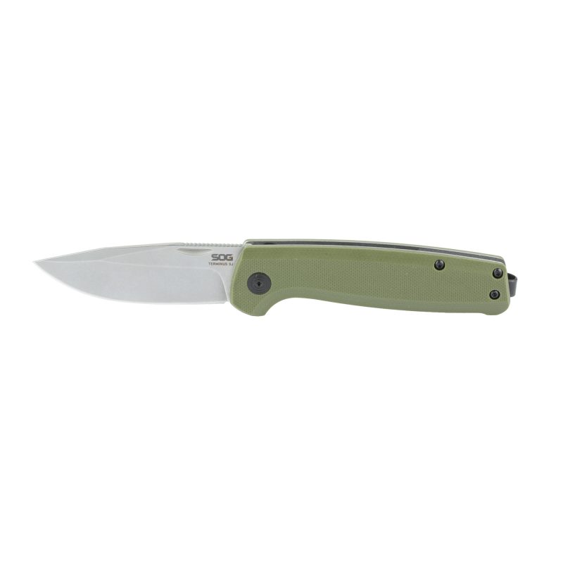 SOG Knives & Tools Terminus SJ folding knife with a 2.9-inch stonewash CRYO D2 clip point blade and an olive drab green G10 handle, shown open on a rustic surface.