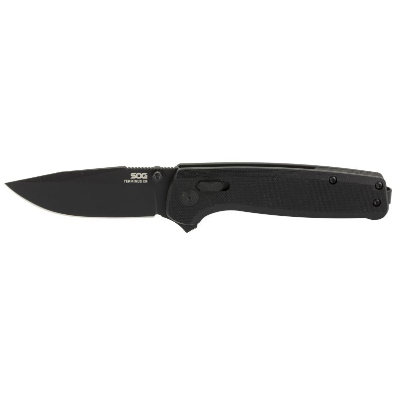 SOG Knives & Tools Terminus XR 2.95 inch black folding knife with G10 handle and D2 steel blade, shown open on a rustic surface.