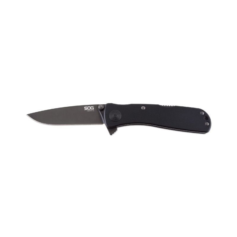 SOG Knives & Tools Twitch II Black 3.55 inch folding knife with a black titanium nitride blade and black handle, shown partially open on a rustic surface.