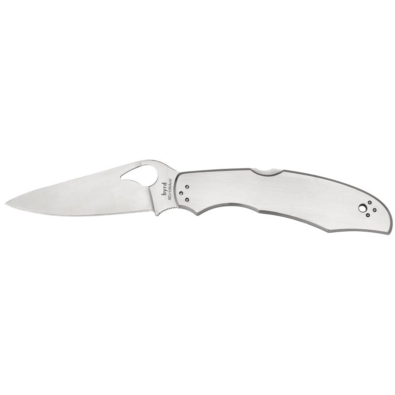 Spyderco Byrd Cara Cara 3.75 inch folding knife with a satin finish clip point blade and stainless steel handle, shown open on a rustic background.
