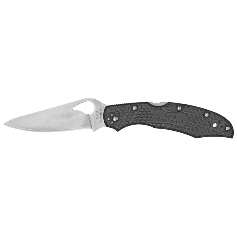 Black Spyderco Byrd Cara Cara 2 lightweight folding knife with a 3.75-inch plain edge blade, shown open on a rustic background.
