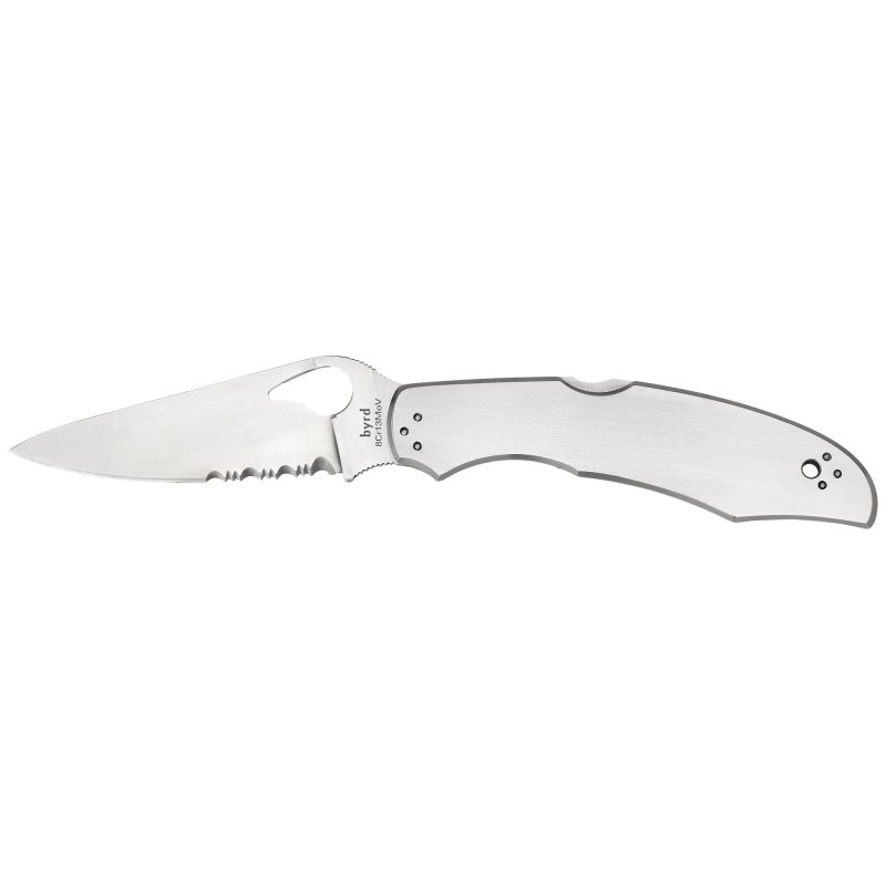 Spyderco Byrd Cara Cara 3.75 inch combo edge folding knife with a satin finish blade, stainless steel handle, and pocket clip, shown partially open.