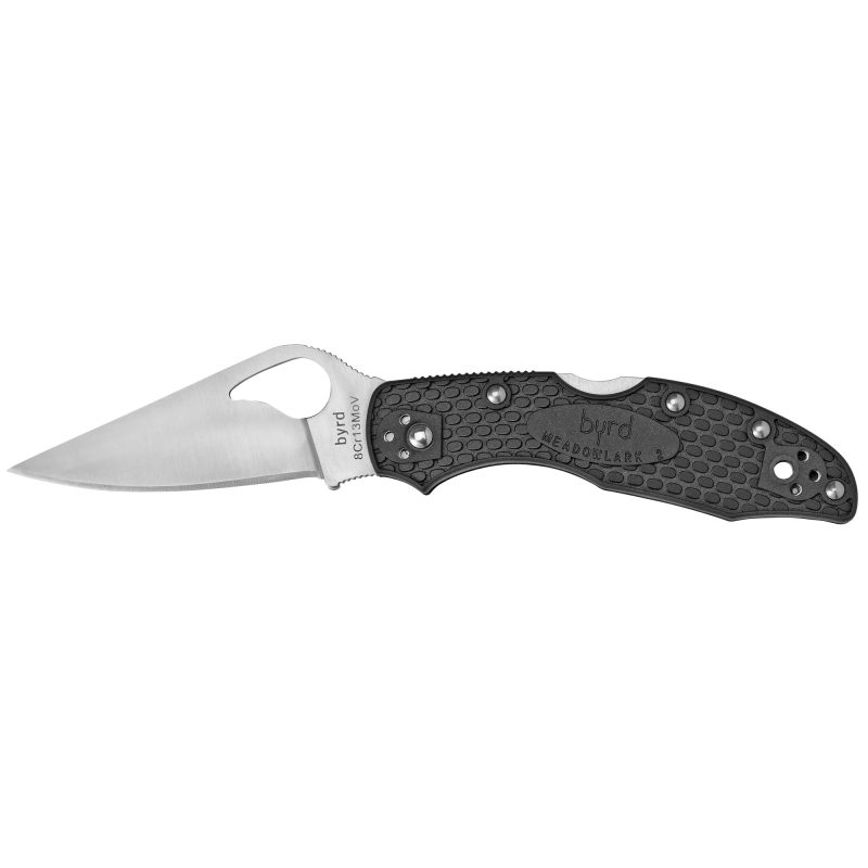 Black Spyderco Byrd Meadowlark 2 Lightweight folding knife with a partially open blade, showing the thumb hole and textured handle.