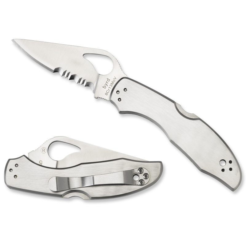 Spyderco Byrd Meadowlark 2 folding knife with a silver blade and black handle, partially open, showing the thumb hole.