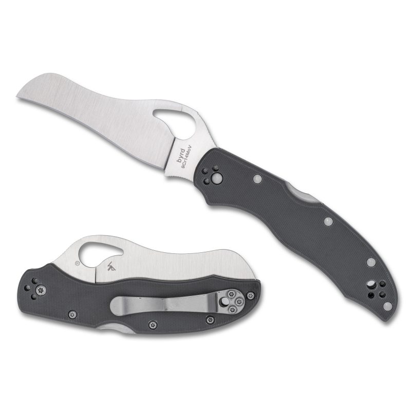 Spyderco Gooney folding knife with a silver hawkbill blade and gray G-10 handle, shown open.