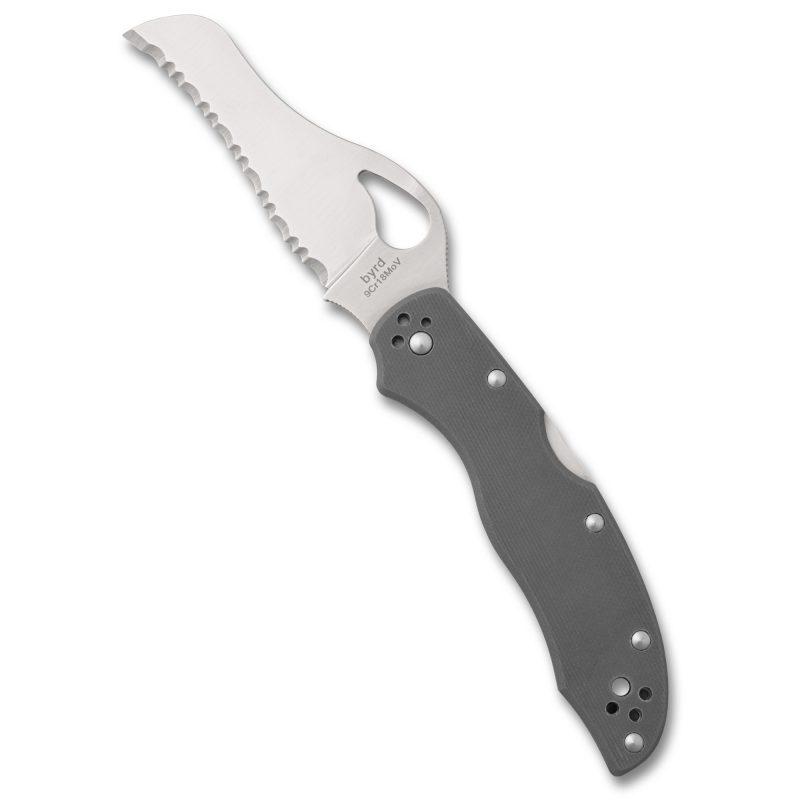 Spyderco Gooney folding knife with a gray G-10 handle and a silver 3.44-inch hawkbill/sheepsfoot blade, open on a neutral background.