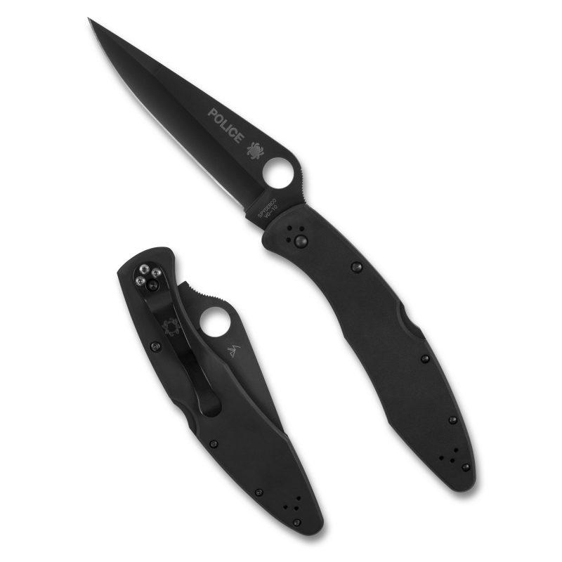 Black Spyderco Police folding knife with a 4.2-inch TiCN-coated drop point blade and stainless steel handle, shown closed.