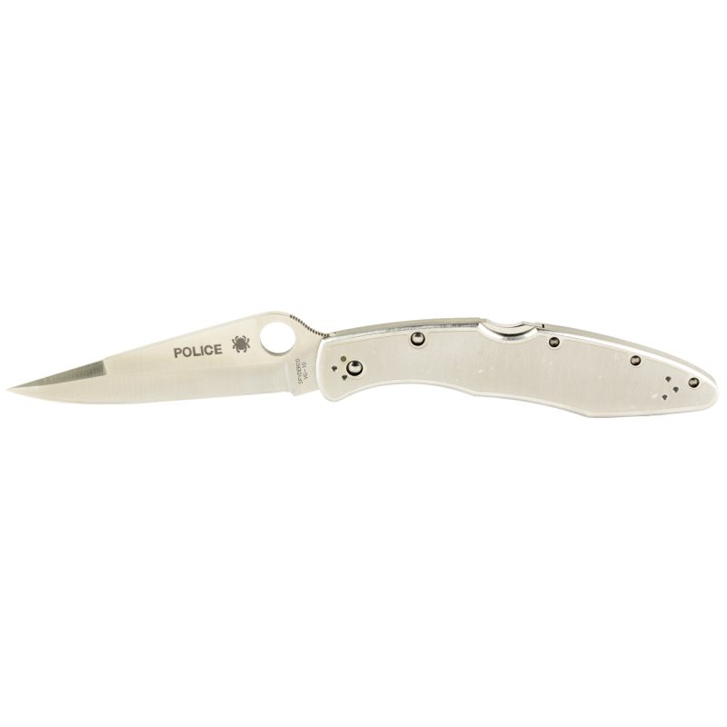 Spyderco Police Stainless PlainEdge folding knife with a 4.125-inch plain edge clip point VG10 satin blade and stainless steel handle, featuring a circle thumb hole and pocket clip.
