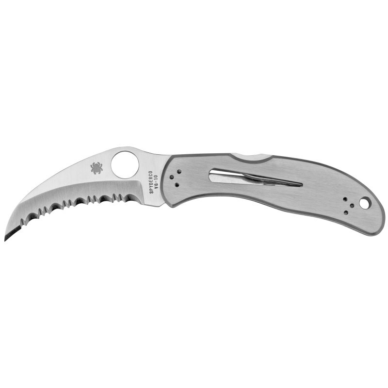 Close-up of a silver Spyderco Harpy folding knife with a hawkbill SpyderEdge blade, open, showing the thumb hole and pocket clip.