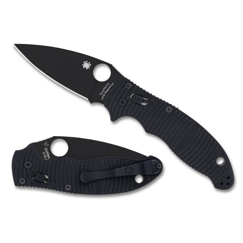 Black Spyderco Manix 2 Salt folding knife with a 3.37-inch DLC-coated MagnaCut drop point blade and black G-10 handle, shown open.