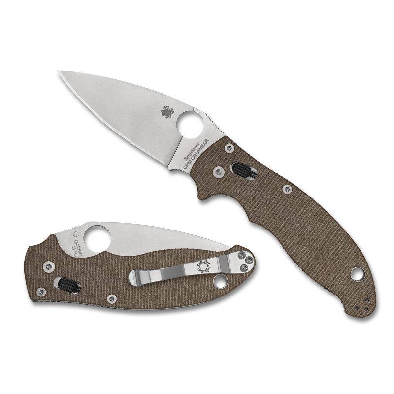 Spyderco Manix 2 folding knife with a brown canvas Micarta handle and a satin finish CPM CRU-WEAR plain edge blade, shown open.