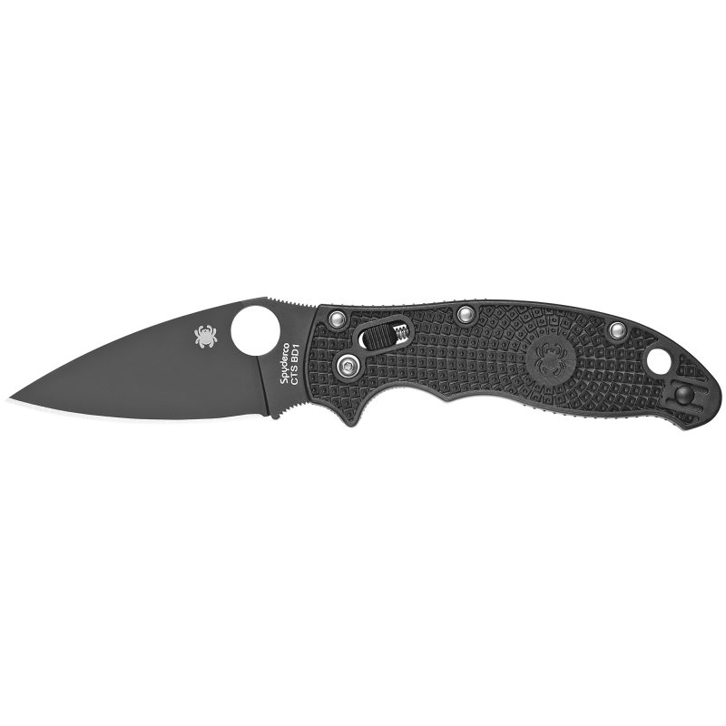 Black Spyderco Manix 2 Lightweight folding knife with a black blade and black handle, shown partially open on a rugged surface.