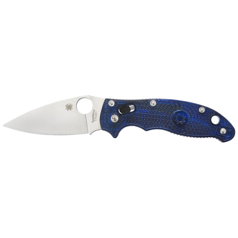 Spyderco Manix2 Blue FRCP Plain folding knife with a translucent blue handle and a plain edge drop point blade, shown open on a rustic background.