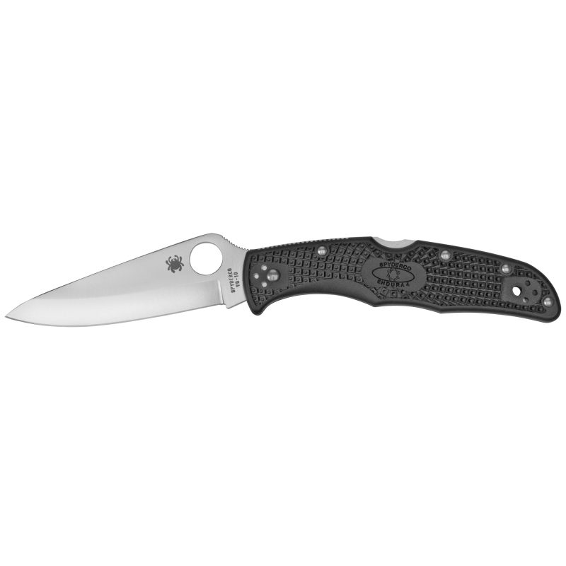 Black Spyderco Endura 4 Nylon Plainedge folding knife with a satin plain edge blade, open, showing the thumb hole and pocket clip.