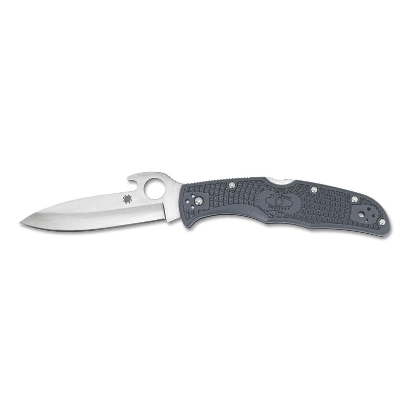 Spyderco Endura 4 Emerson Opener folding knife with gray FRN handle, satin VG-10 clip point plain edge blade, and pocket clip, shown open.