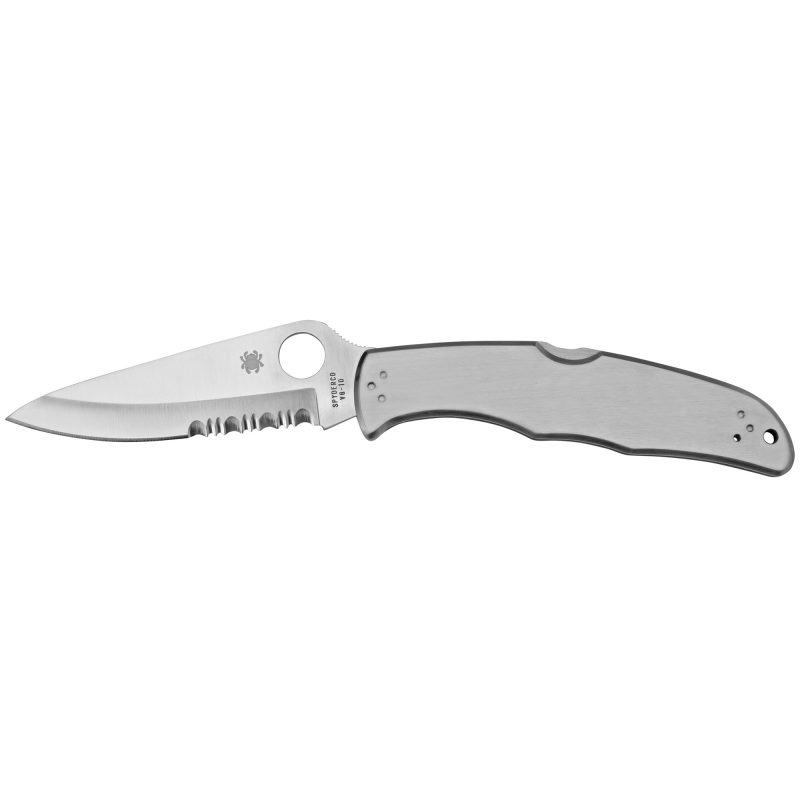 Spyderco Endura 4 Stainless Comboedge folding knife with a clip point and combo edge blade, shown open.