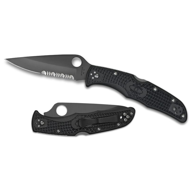 Spyderco Endura 4 lightweight folding knife with black handle and black combo edge blade, shown open.