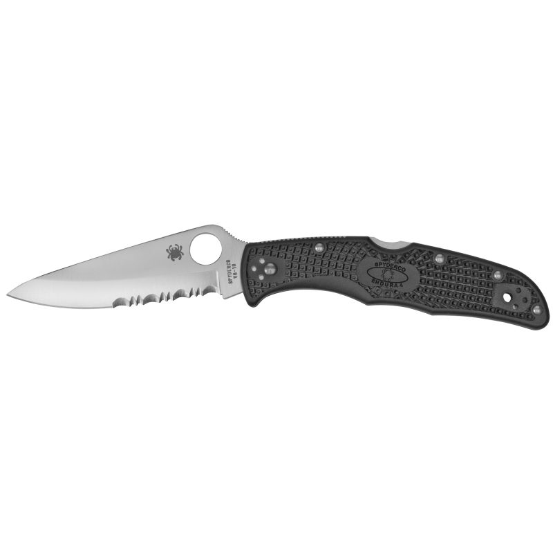 Spyderco Endura 4 folding knife with black FRN handle, satin finish VG-10 combo edge blade, and a round thumb hole.