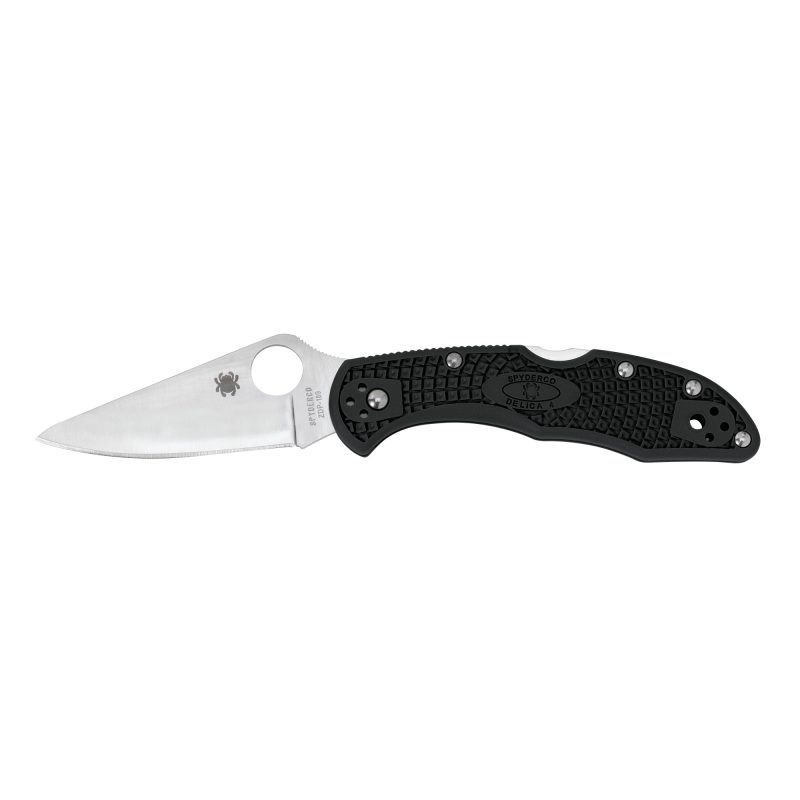 Black Spyderco Delica4 folding knife with a satin plain edge blade, shown open on a rustic wood surface.