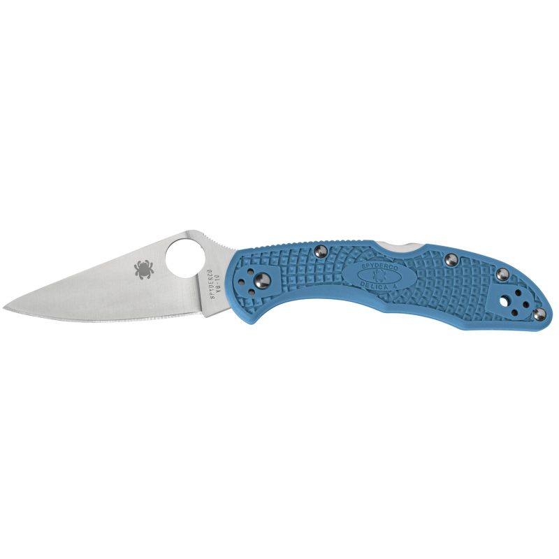 Blue Spyderco Delica 4 Lightweight folding knife with blade open, showing the flat-ground edge and thumbhole, on a rustic background.