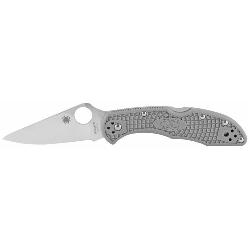 Grey Spyderco Delica4 Ffg Plainedge folding knife with a satin finish VG-10 blade, open, showing the clip point and thumb hole, with a pocket clip visible on the grey FRN handle.