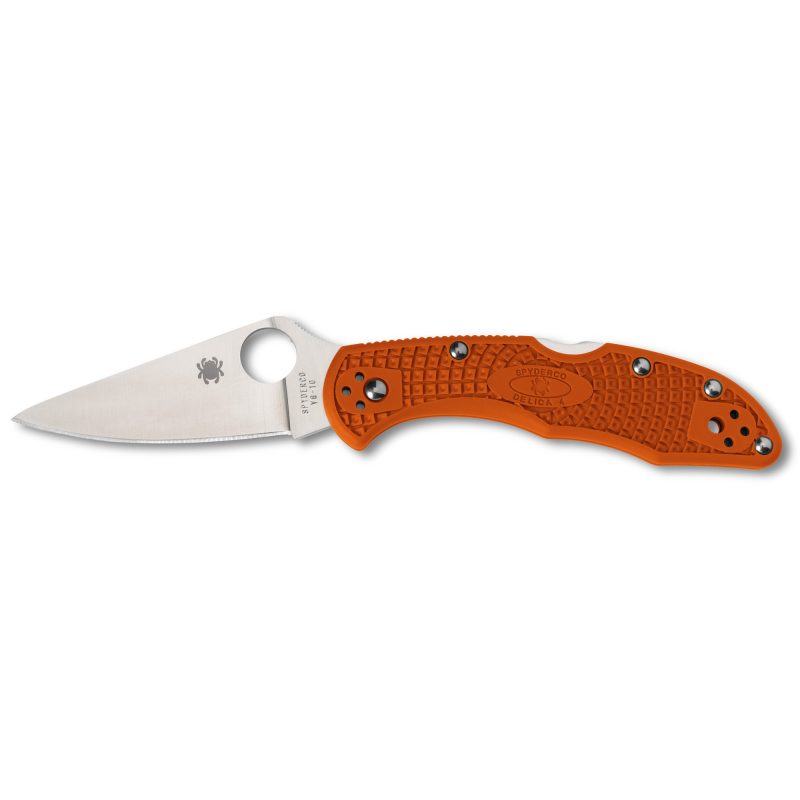 Spyderco Delica 4 orange folding knife with a 2.9-inch VG-10 blade, shown open on a rustic surface.