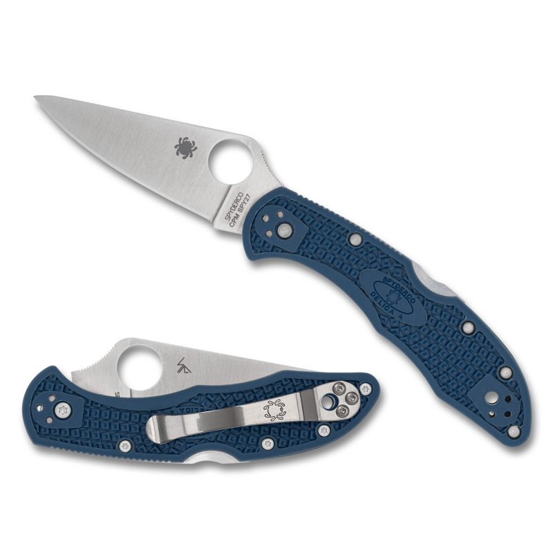 A cobalt blue Spyderco Delica 4 folding knife with a satin-finished drop point blade, shown open on a rustic wooden surface.