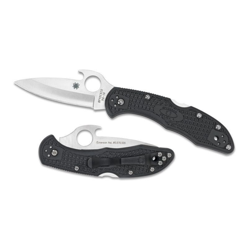 Spyderco Delica4 Emerson Opener folding knife with gray FRN handle, satin VG10 clip point blade, and pocket clip, shown open.