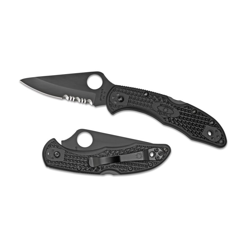 Spyderco Delica4 Combo Blade folding knife with black handle and partially serrated silver blade, shown closed on a plain background.