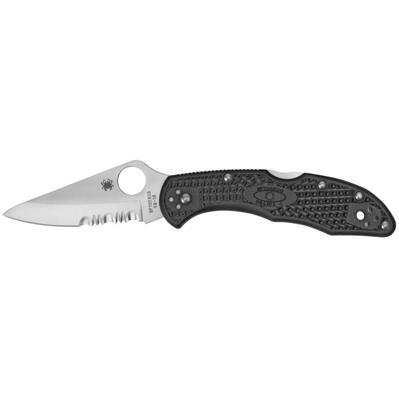 Black Spyderco Delica4 folding knife with a plain edge blade, open, showing the thumb hole and pocket clip.
