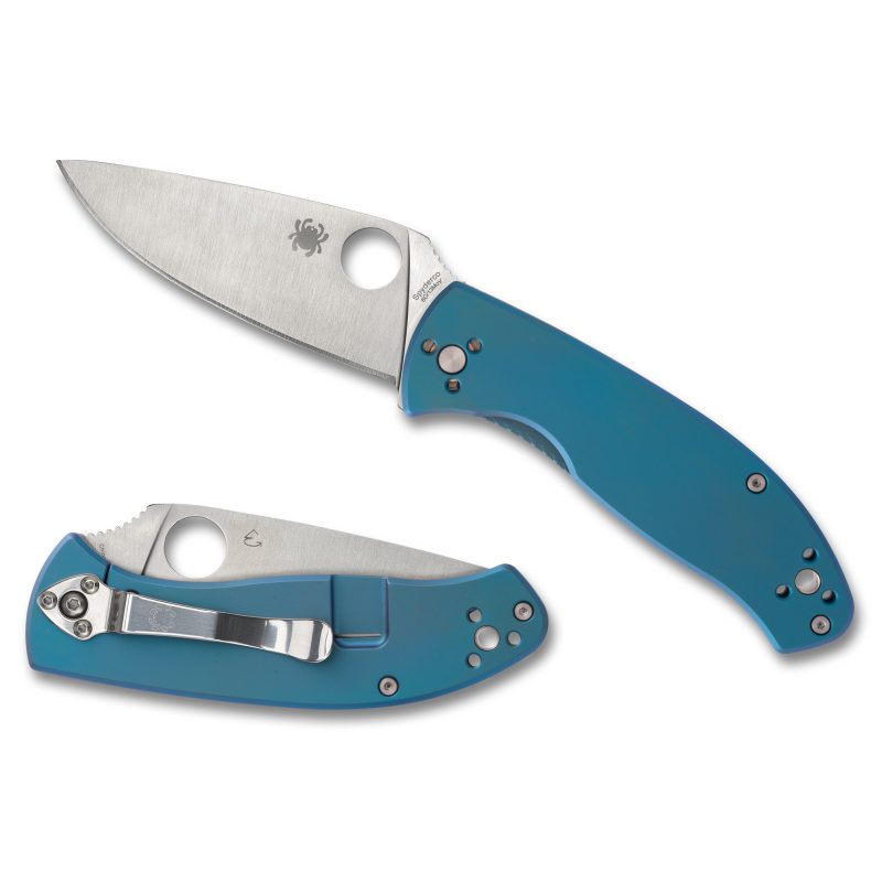Spyderco Tenacious Ti folding knife with a blue titanium handle and a silver satin-finished drop point blade, shown open.