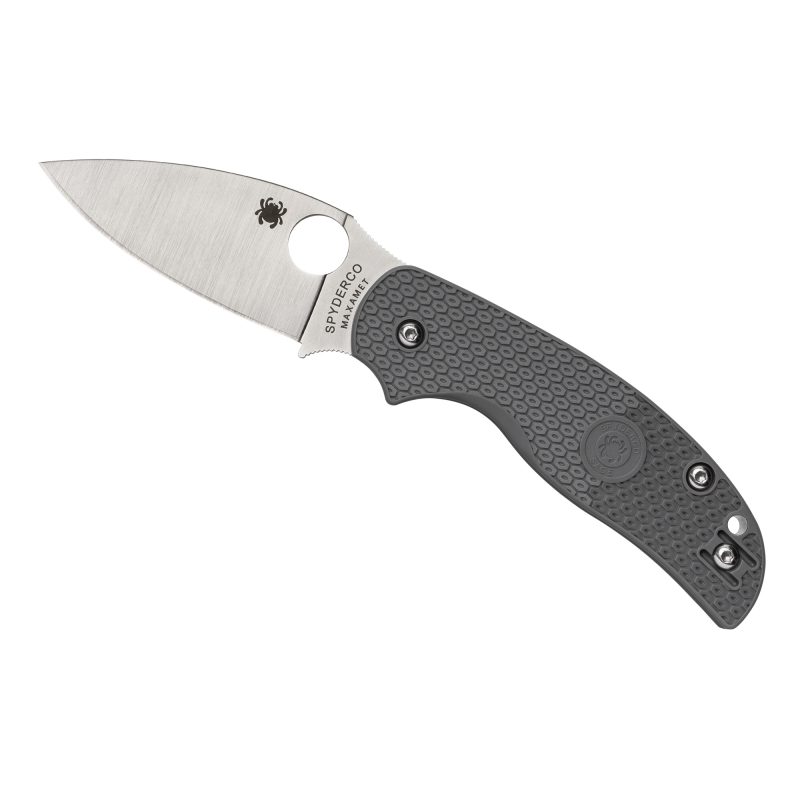 Spyderco Sage 5 Lightweight folding knife with gray FRN handle and satin finish Maxamet steel blade, shown open on a rustic surface.