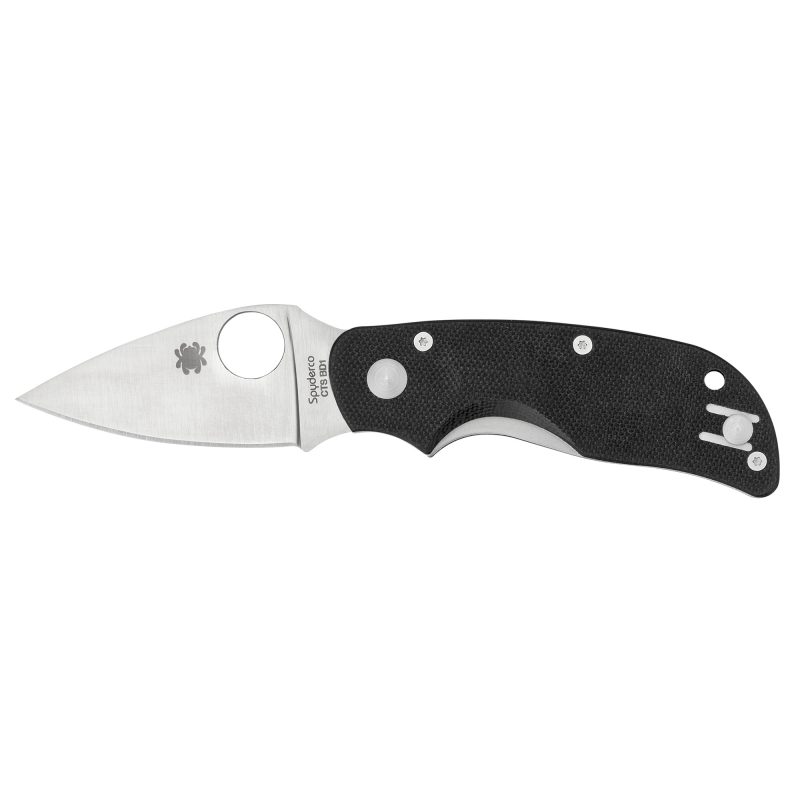 Spyderco Cat Black G-10 Plainedge folding knife with a satin 440C blade and black G-10 handle, shown open on a rustic surface.