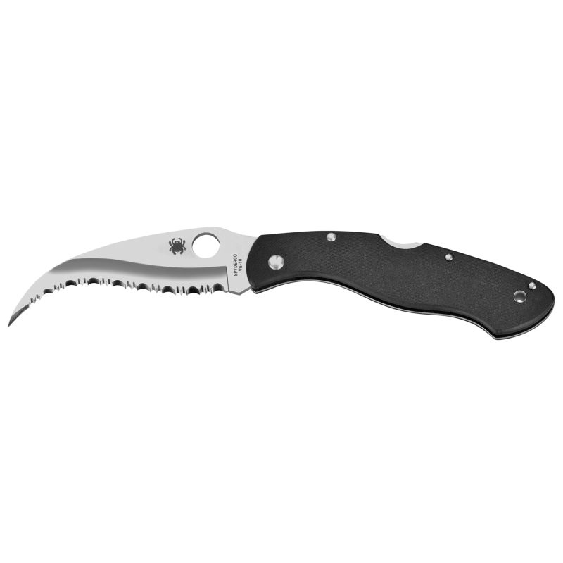 Spyderco Civilian G-10 Spyderedge folding knife with a black G-10 handle and a satin finish, reverse S-shaped SpyderEdge blade, shown open with the circular thumb hole visible.