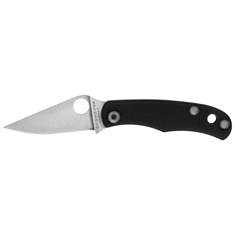 Close-up of a black Spyderco Bug G-10 folding knife with a silver drop point blade, open on a rustic wooden surface.