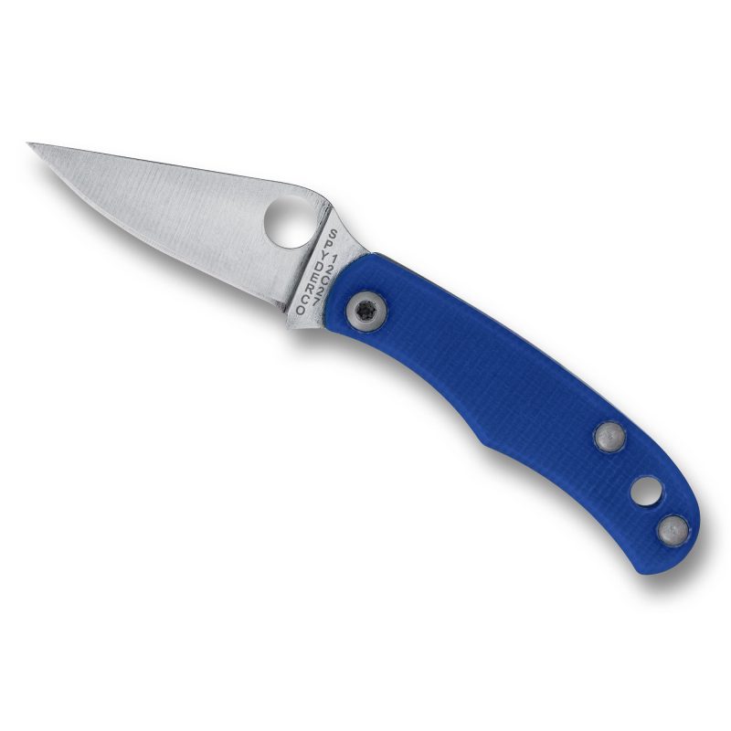 Close-up of a blue Spyderco Bug G-10 folding knife with a silver drop point blade, open on a rustic wooden surface.