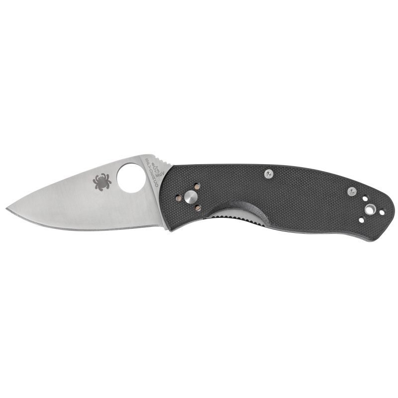 Spyderco Persistence folding knife with black G10 handle and satin plain edge clip point blade, shown open.