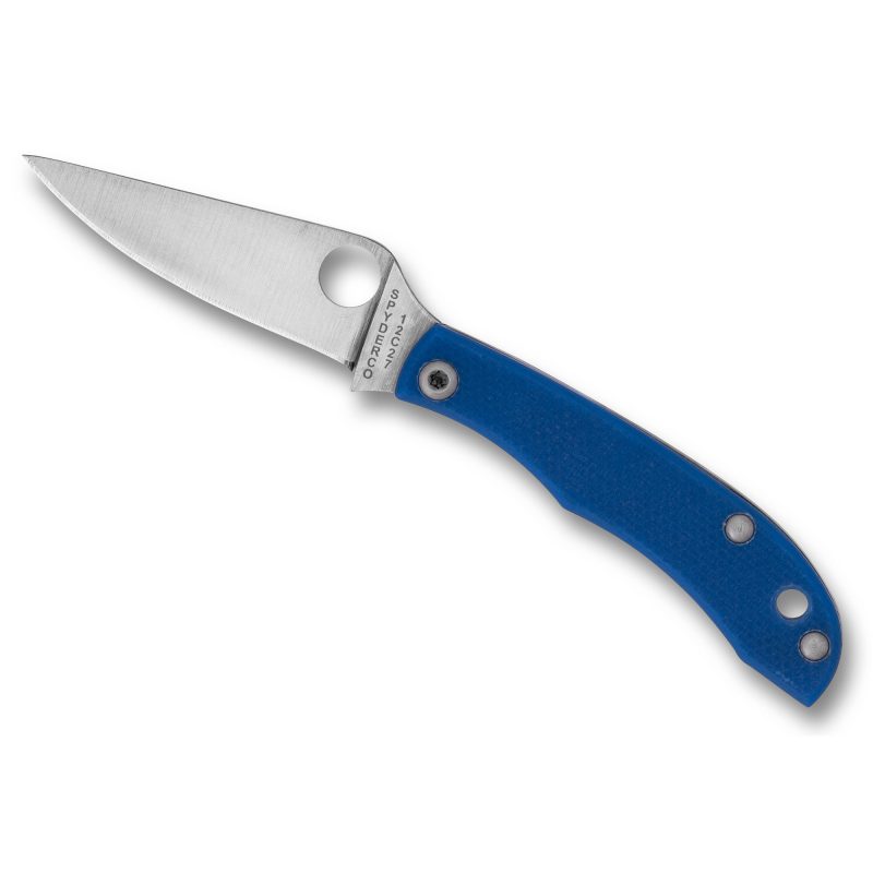 Blue Spyderco Honeybee G-10 folding knife with a satin silver drop point blade, shown open on a rugged surface.