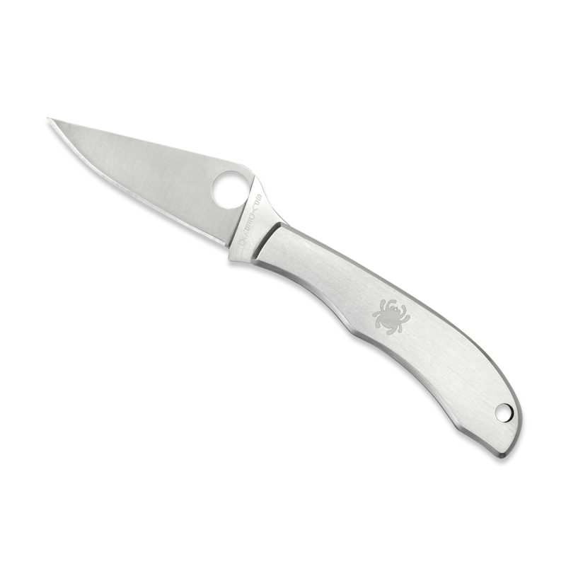 Closed Spyderco Honeybee stainless steel folding knife with a plain edge, shown on a neutral background.