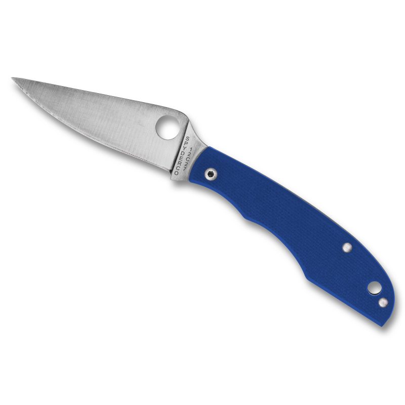 Blue Spyderco Grasshopper G-10 folding knife with a silver drop point blade and a textured blue G-10 handle, shown open on a plain background.