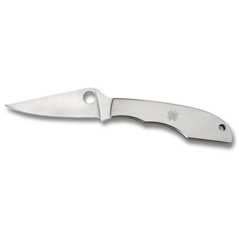 Spyderco Grasshopper Stainless Plain folding knife with 2.3 inch clip point plain edge blade and oval thumb hole, shown open on a rustic background.