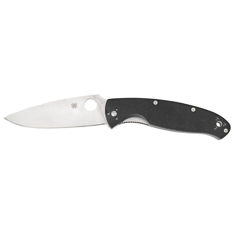 Spyderco Resilience folding knife with a black G10 handle and a satin plain edge clip point blade, shown open on a neutral background.