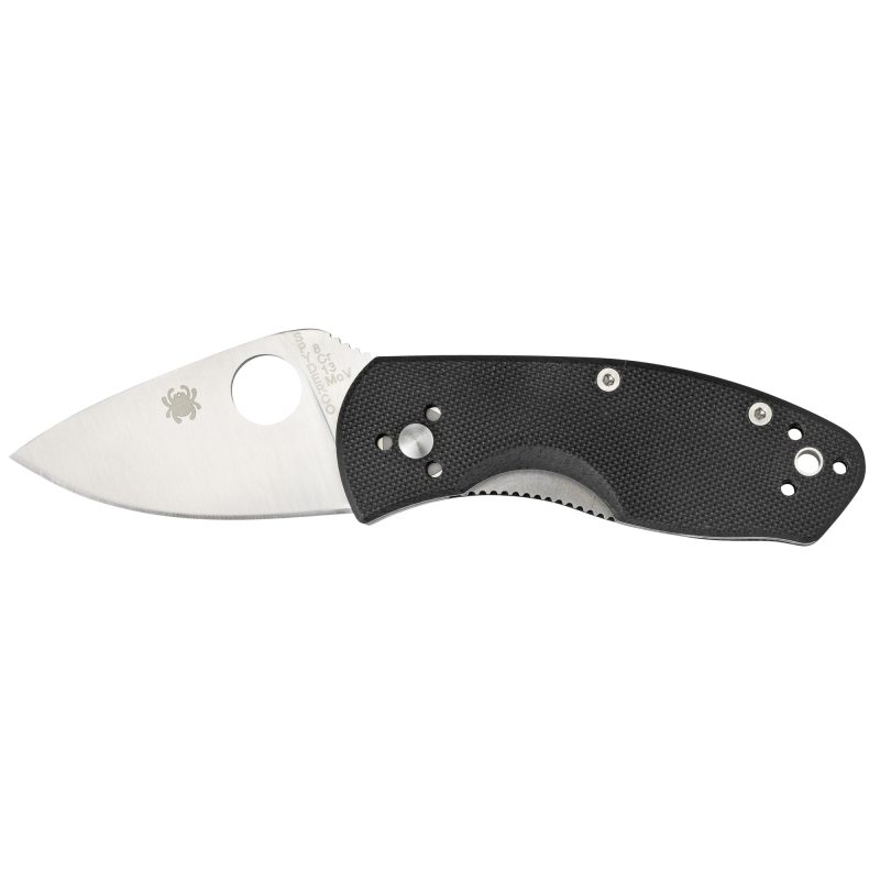 Spyderco Ambitious G-10 Plainedge folding knife with black G-10 handle and satin drop point blade, shown open on a rustic surface.