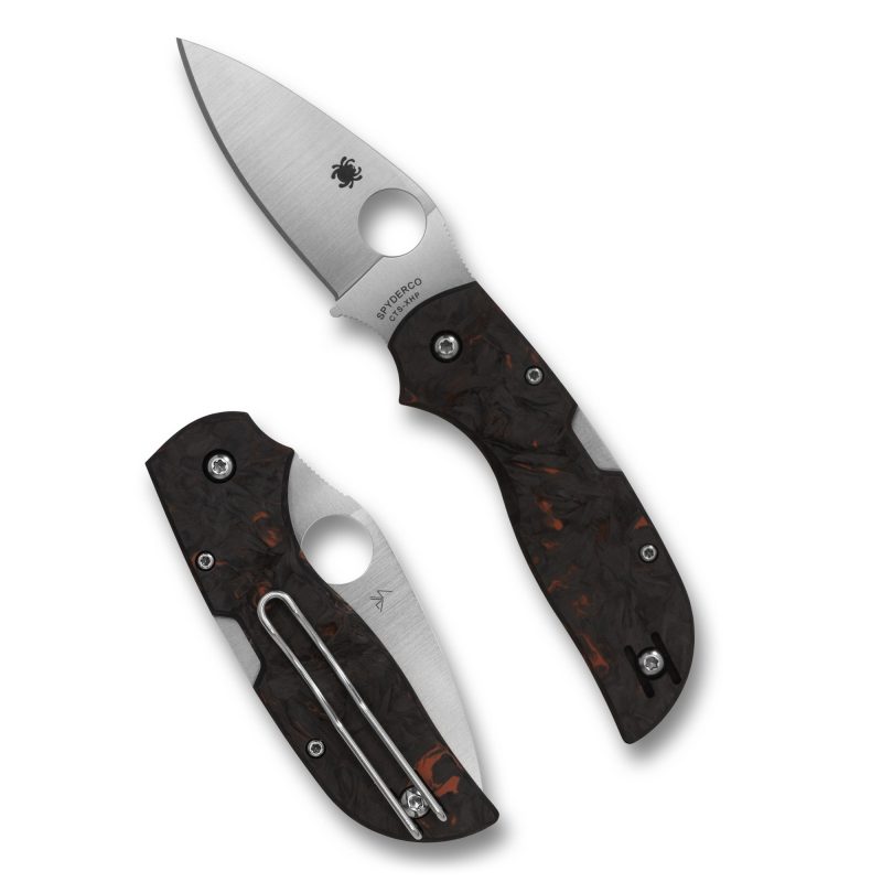 Spyderco Chaparral Red Fatcarbon Cf folding knife with a satin-finished drop point blade and red carbon fiber handle, shown open.