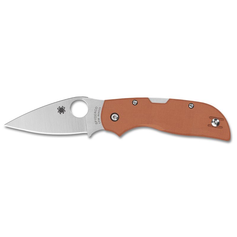 Spyderco Chaparral folding knife with a satin-finished CPM REX 121 drop point blade and burnt orange G-10 handle, shown open on a neutral background.